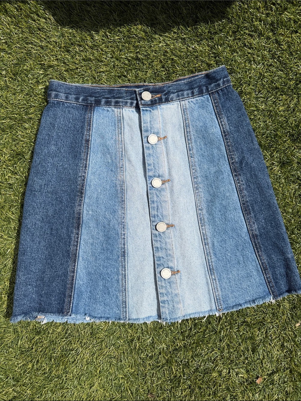 Blank NYC Two-Tone Panelled Denim A-Line Skirt in Light and Dark Blue